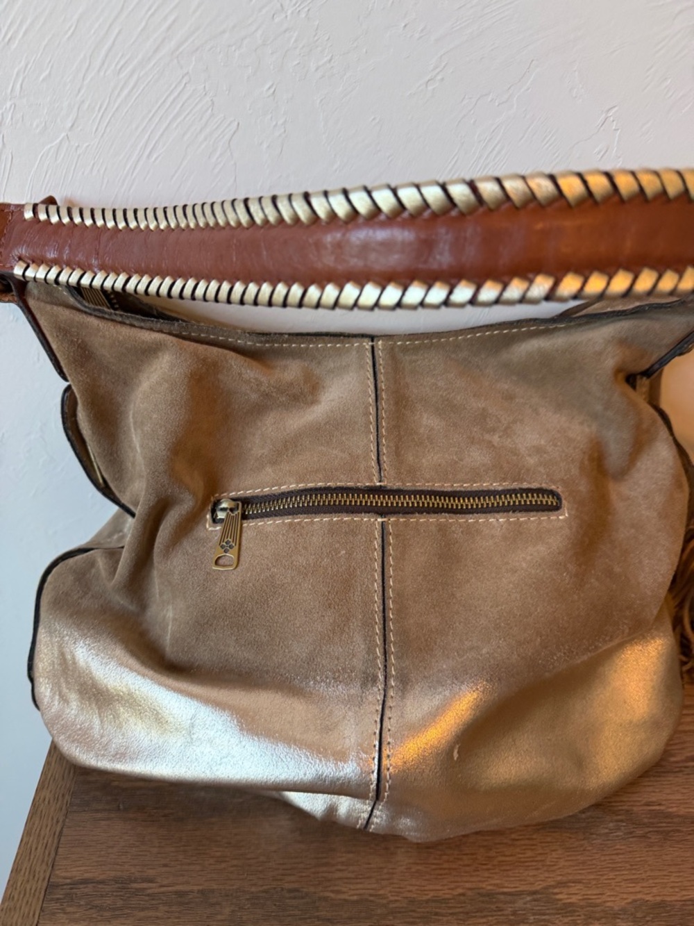 Patricia Nash Tan Suede & Metallic Gold Ombré Hobo with Tassel - Picture 5 of 6